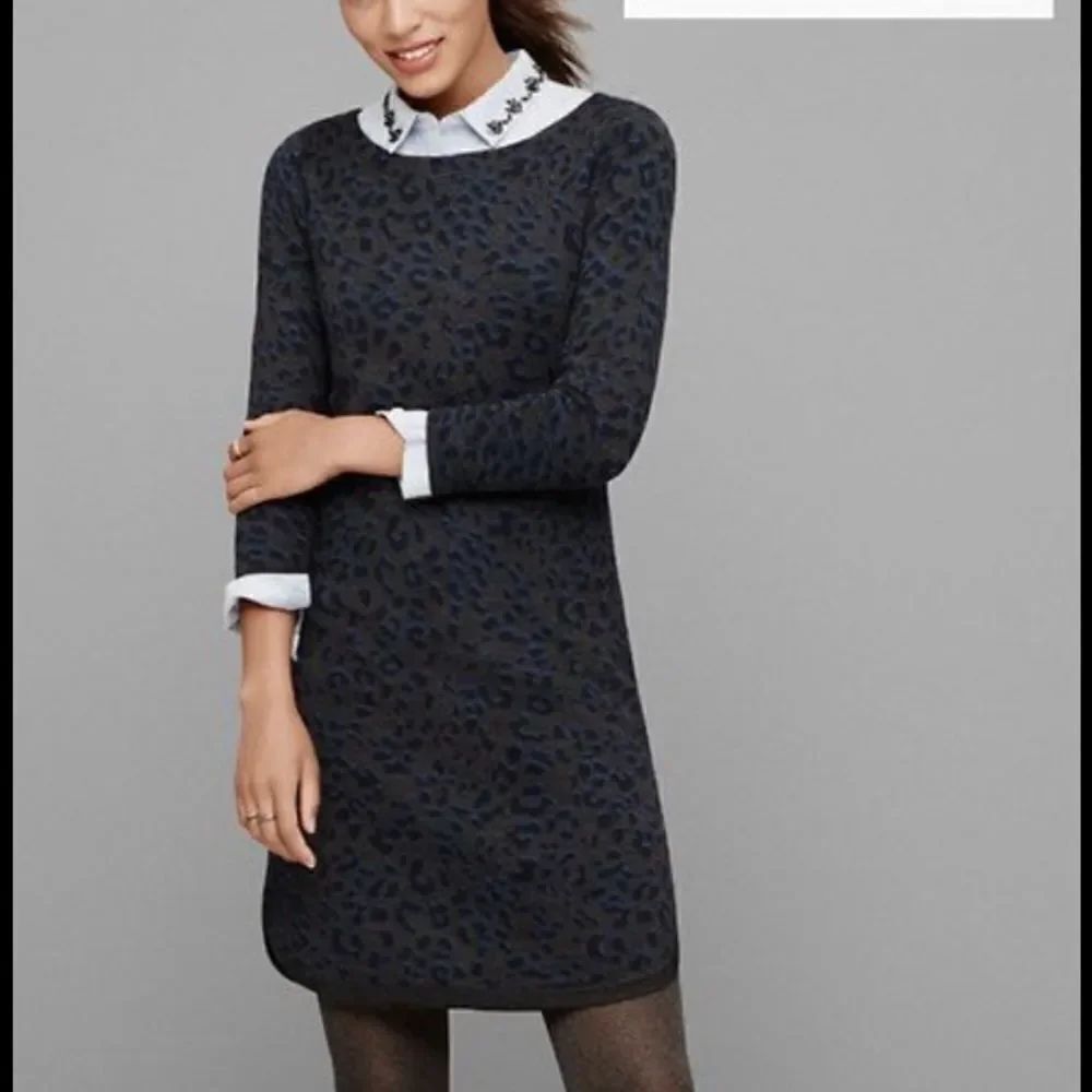 Loft Leopard Print Grey Blue Sweater Dress XS